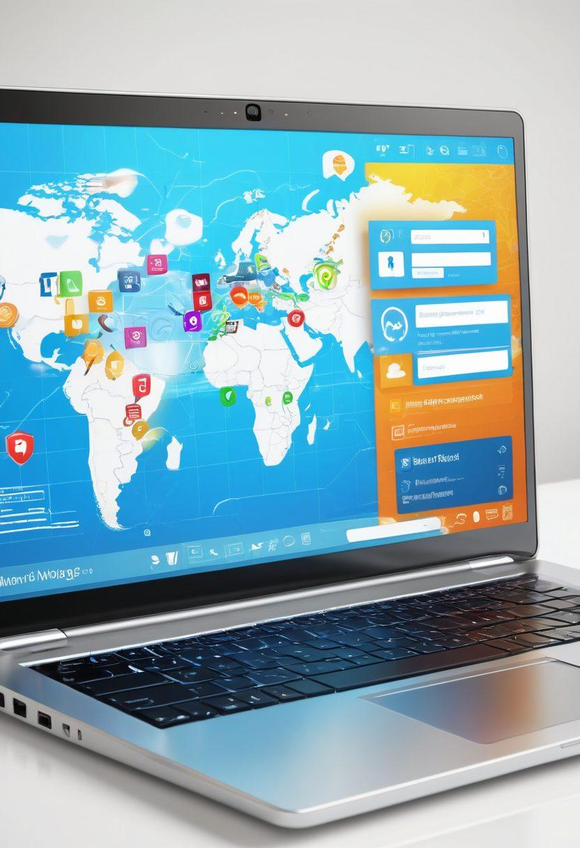 A laptop screen displaying a sleek download management interface, with vibrant progress bars and security icons, set against a background of a digital world map. Include elements of cloud storage and data encryption symbols floating around, suggesting connectivity and security. The scene should evoke a sense of efficiency, modern technology, and user empowerment. super-realistic. vibrant colors. white background.