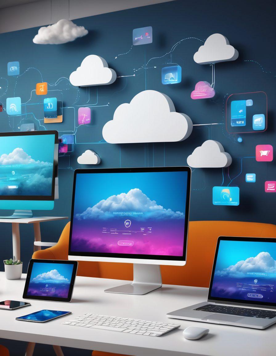 A modern workspace showcasing diverse wireless devices like smartphones, tablets, and laptops seamlessly connected to a cloud, illustrating smooth digital media downloads. Include vibrant visuals of streaming media icons and signals to emphasize wireless connectivity. The background should be a mix of digital landscapes and bright tech elements, reflecting innovation. ultra-modern aesthetic. vibrant colors. 3D.