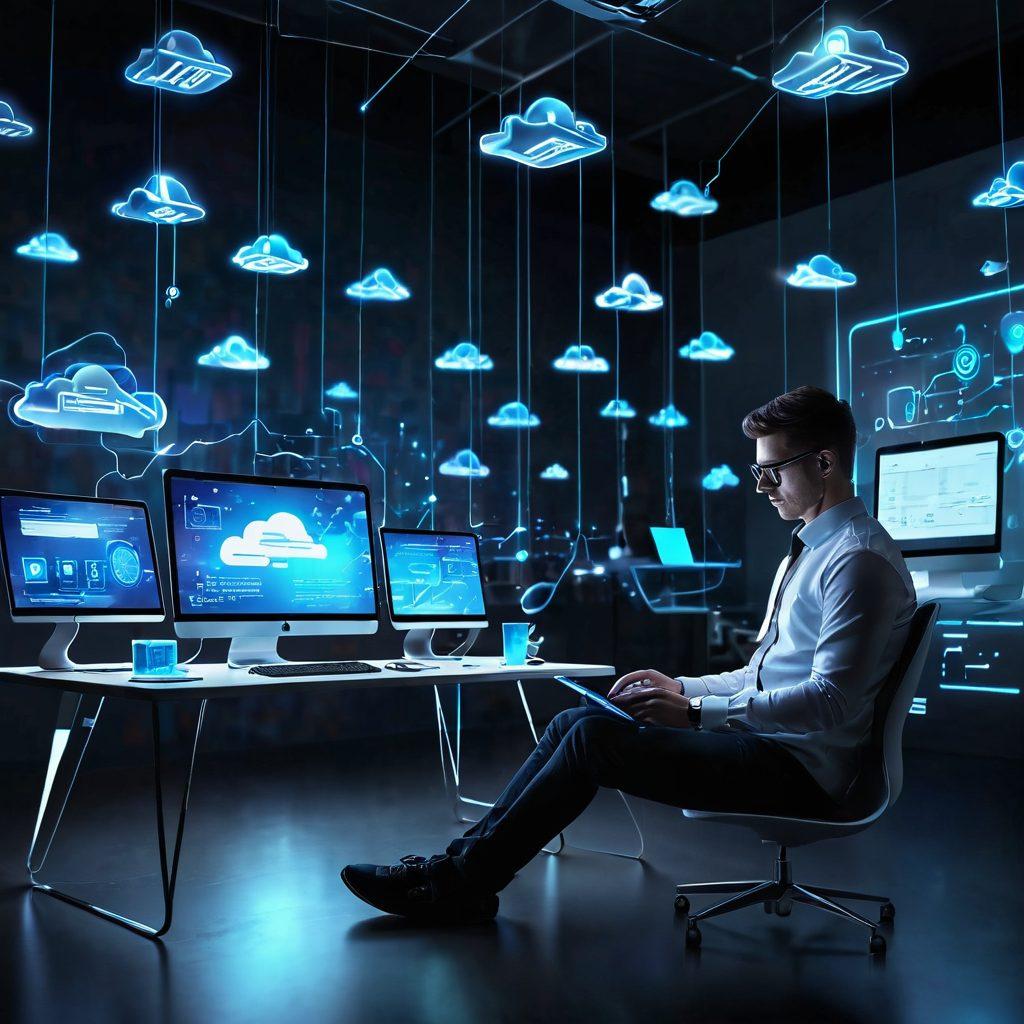 A futuristic scene depicting a person effortlessly transferring files wirelessly between devices, with glowing data streams and visualized connections in a sleek, modern environment. Showcase various gadgets like smartphones, laptops, and tablets surrounded by dynamic icons representing files, data, and clouds. The atmosphere should convey speed and efficiency, with a clean, tech-savvy aesthetic. vibrant colors. 3D.